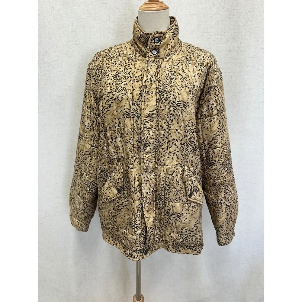 Clio Vintage 90s Quilted Jacket Medium Tan Vintage Animal Print Silk Puffer Coat - Picture 2 of 16